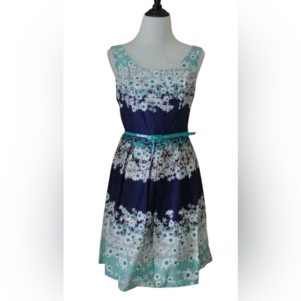 Navy Blue & Mint Floral Daisy Belted Sleeveless Retro Tiana B ModCloth Dress